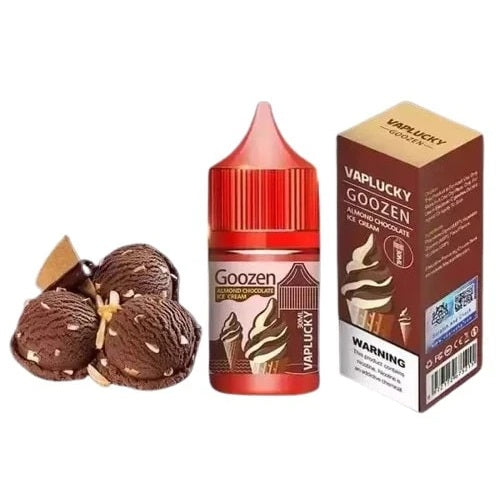 Vaplucky Goozen chocolate ice cream-flavored e-liquid bottle and packaging on a white background