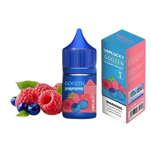 Vaplucky Goozen blueberry raspberry e-liquid bottle and packaging with berries on a white background