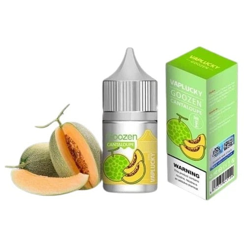 Vaplucky Goozen Cantaloupe vape juice bottle and packaging with cantaloupe slices on a white background