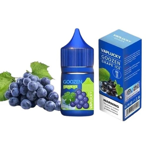 Vaplucky Goozen Grape Ice e-liquid bottle and packaging with grapes on a white background