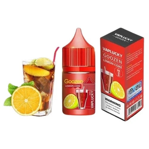 Vaplucky Goozen Lemon Coke e-liquid bottle and packaging with a glass of lemonade.