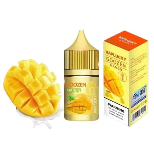 Vapluckly Goozen Mango e-liquid bottle and packaging with a mango on a white background