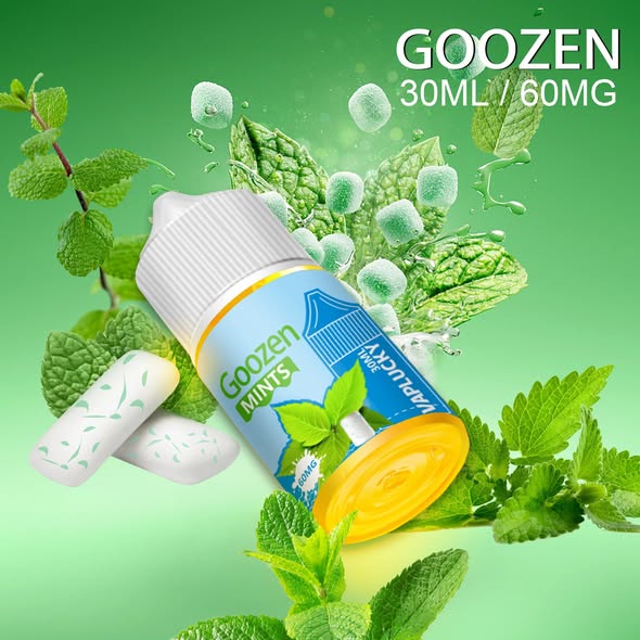 Vaplucky Goozen Mint flavor vape juice bottle with mint leaves and candy on a green background