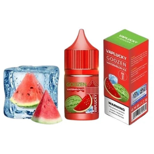 Vaplucky Goozen Watermelon Ice e-liquid bottle and packaging with watermelon slices and ice cube on a white background