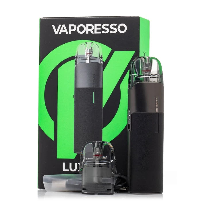 Vaporesso luxe q2 vaping device and accessories with packaging on a white background