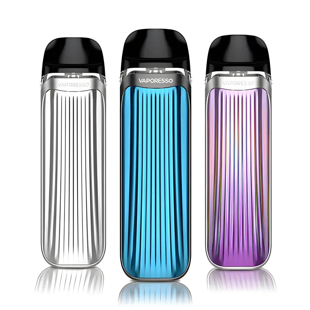 Three Vaporesso QS vaping devices in silver, blue, and purple on a white background