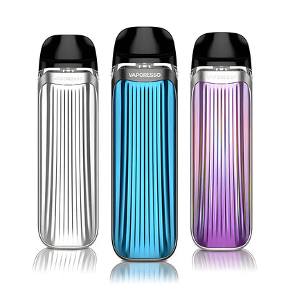 Three Vaporesso QS vaping devices in silver, blue, and purple on a white background