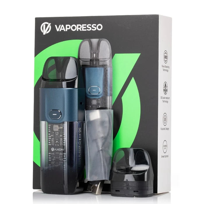 Vaporesso  Luxe x vaping device packaging with product and accessories on a white background