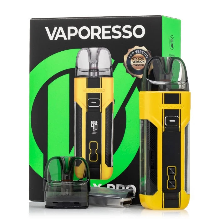 Vaporesso luxe x pro vaping device with accessories and packaging on a white background