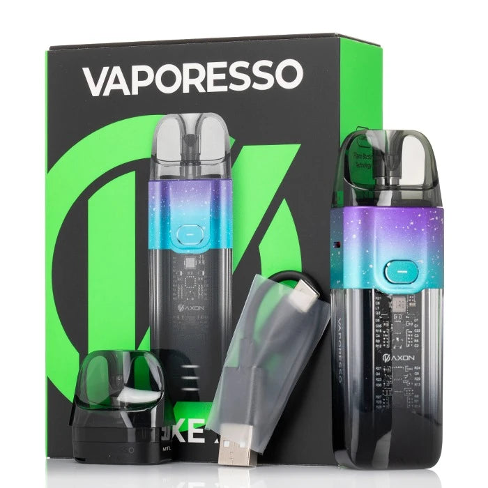 Vaporesso luxe xr vaping device with accessories and packaging on a white background