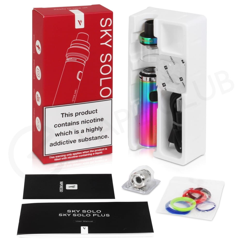 Sky Solo vape kit and packaging accessories on a white background, including a red product box, the iridescent vape device in a white plastic case, a black mouthpiece, two black carrying cases, a small metal coil, and colored rings.