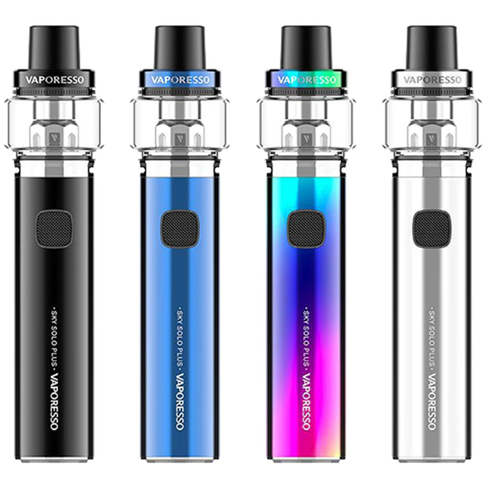 Four Vaporesso sky solo plus vaping devices in different colors on a white background