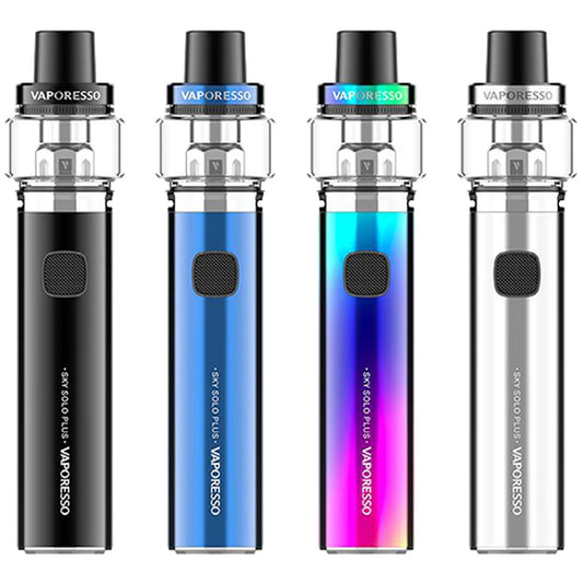 Four Vaporesso sky solo plus vaping devices in different colors on a white background