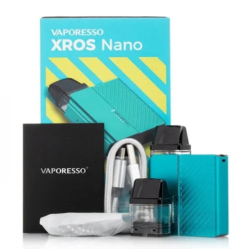 Vaporesso XROS Nano vaping device and accessories with packaging on a white background