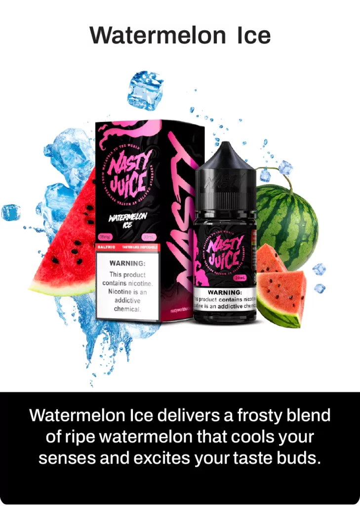 Nasty juice smooth watermelon ice vape flavour, with flavour description on below