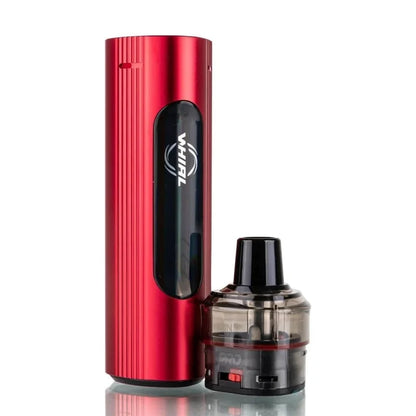 A red cylindrical electronic vape device with a black front panel displaying the 'WHIRL' brand logo, shown next to a matching clear and black tank mod on a reflective white surface.